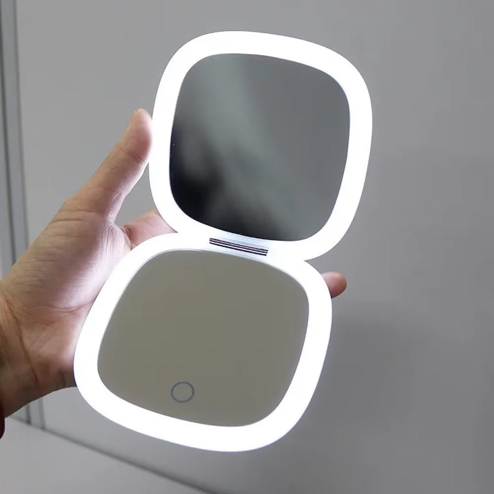 Folding Portable LED Mirror – USB Rechargeable Touch Dimmer 10X Magnifying Velura