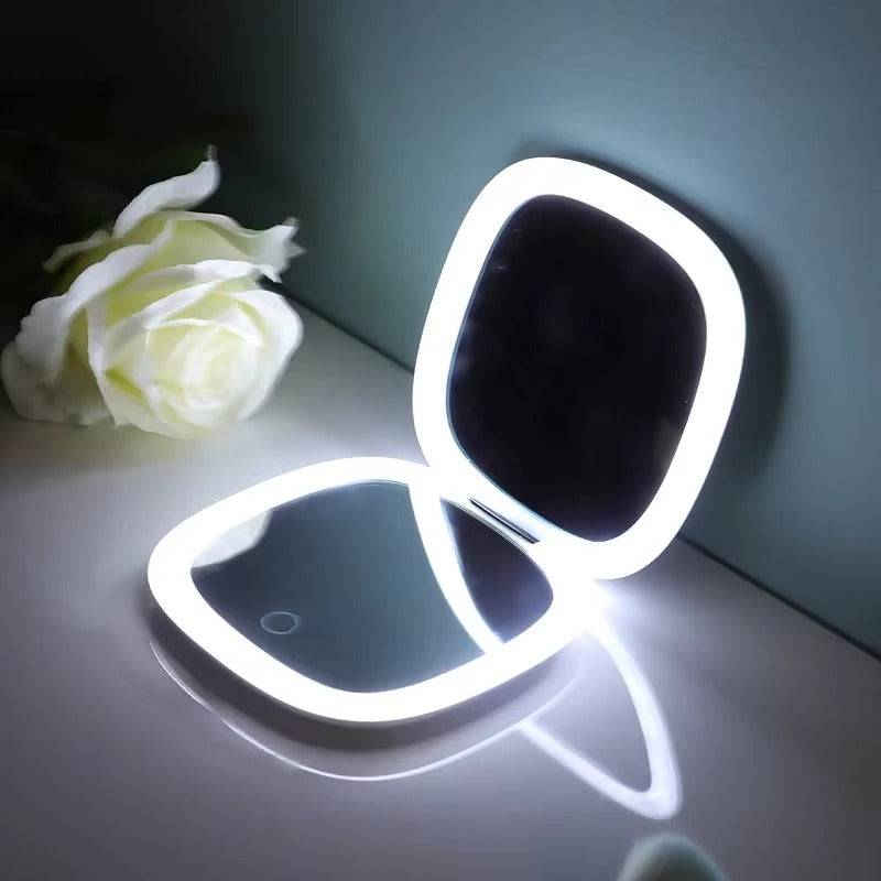 Folding Portable LED Mirror – USB Rechargeable Touch Dimmer 10X Magnifying Velura