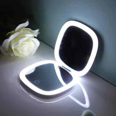 Folding Portable LED Mirror – USB Rechargeable Touch Dimmer 10X Magnifying Velura